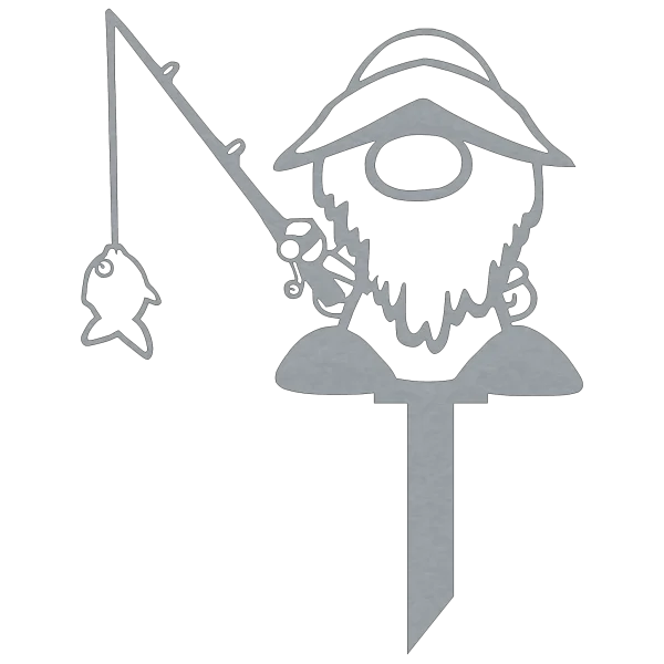 A laser-cut steel garden stake depicting a gnome wearing a sou'wester hat, holding a fishing rod with a fish dangling from the line. The gnome features a large beard and is perched on a pointed base for easy placement in soil. The design is outlined in clean, smooth lines, creating a whimsical and playful appearance against a dark background.
